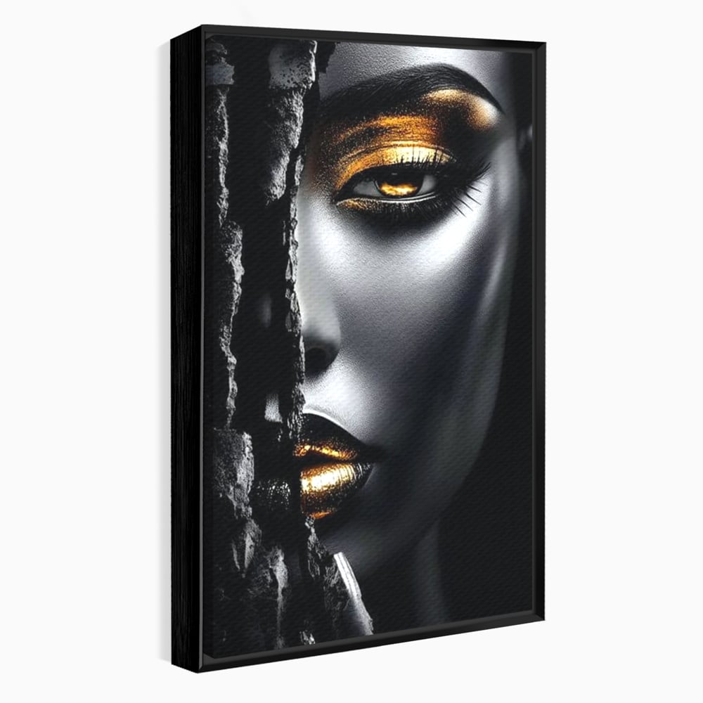 Tablou Canvas Premium, LuxCanva® G1172, Femeia din Abis, Aur, Umbra, Intunecat, Zeitate, Regina, Obscur, Alchimie, Suflet, Ochi, Masca, Tacere, Divinitate, Fashion, Arta, Birou, Living, Dormitor