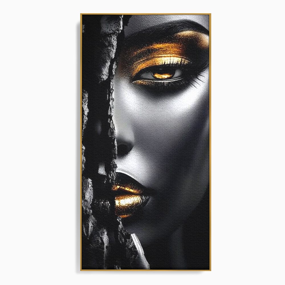 Tablou Canvas Premium, LuxCanva® G1172, Femeia din Abis, Aur, Umbra, Intunecat, Zeitate, Regina, Obscur, Alchimie, Suflet, Ochi, Masca, Tacere, Divinitate, Fashion, Arta, Birou, Living, Dormitor