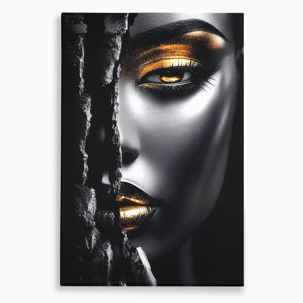 Tablou Canvas Premium, LuxCanva® G1172, Femeia din Abis, Aur, Umbra, Intunecat, Zeitate, Regina, Obscur, Alchimie, Suflet, Ochi, Masca, Tacere, Divinitate, Fashion, Arta, Birou, Living, Dormitor