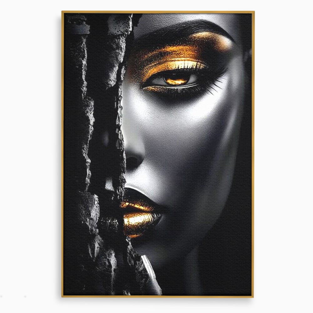 Tablou Canvas Premium, LuxCanva® G1172, Femeia din Abis, Aur, Umbra, Intunecat, Zeitate, Regina, Obscur, Alchimie, Suflet, Ochi, Masca, Tacere, Divinitate, Fashion, Arta, Birou, Living, Dormitor