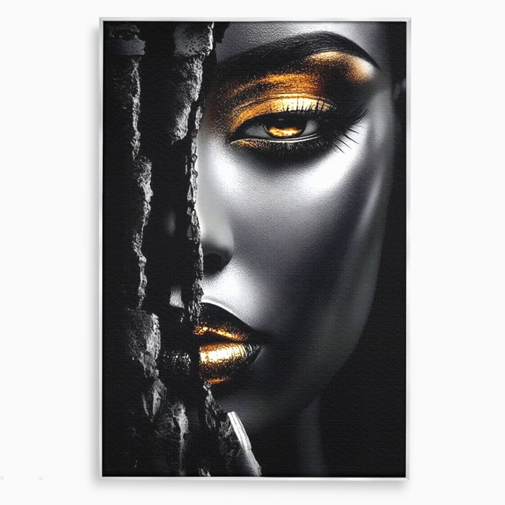 Tablou Canvas Premium, LuxCanva® G1172, Femeia din Abis, Aur, Umbra, Intunecat, Zeitate, Regina, Obscur, Alchimie, Suflet, Ochi, Masca, Tacere, Divinitate, Fashion, Arta, Birou, Living, Dormitor