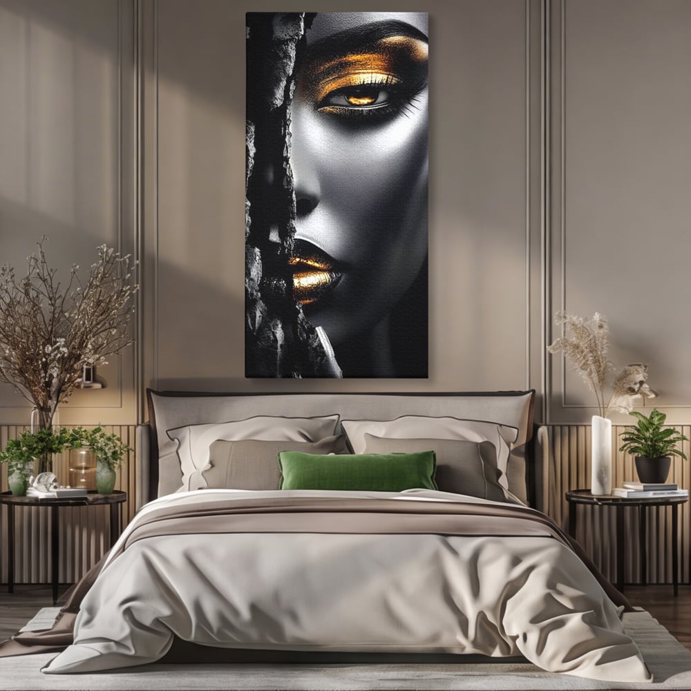 Tablou Canvas Premium, LuxCanva® G1172, Femeia din Abis, Aur, Umbra, Intunecat, Zeitate, Regina, Obscur, Alchimie, Suflet, Ochi, Masca, Tacere, Divinitate, Fashion, Arta, Birou, Living, Dormitor