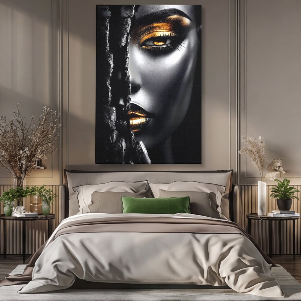Tablou Canvas Premium, LuxCanva® G1172, Femeia din Abis, Aur, Umbra, Intunecat, Zeitate, Regina, Obscur, Alchimie, Suflet, Ochi, Masca, Tacere, Divinitate, Fashion, Arta, Birou, Living, Dormitor