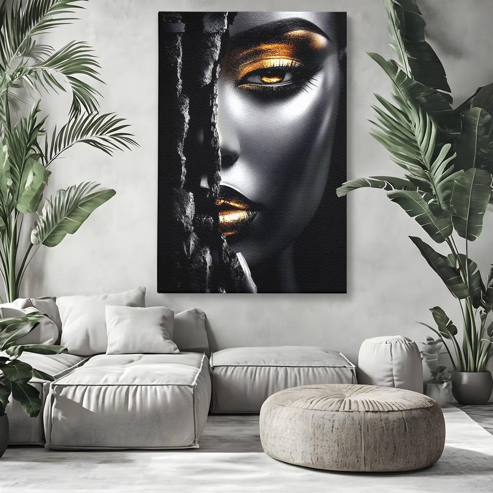 Tablou Canvas Premium, LuxCanva® G1172, Femeia din Abis, Aur, Umbra, Intunecat, Zeitate, Regina, Obscur, Alchimie, Suflet, Ochi, Masca, Tacere, Divinitate, Fashion, Arta, Birou, Living, Dormitor