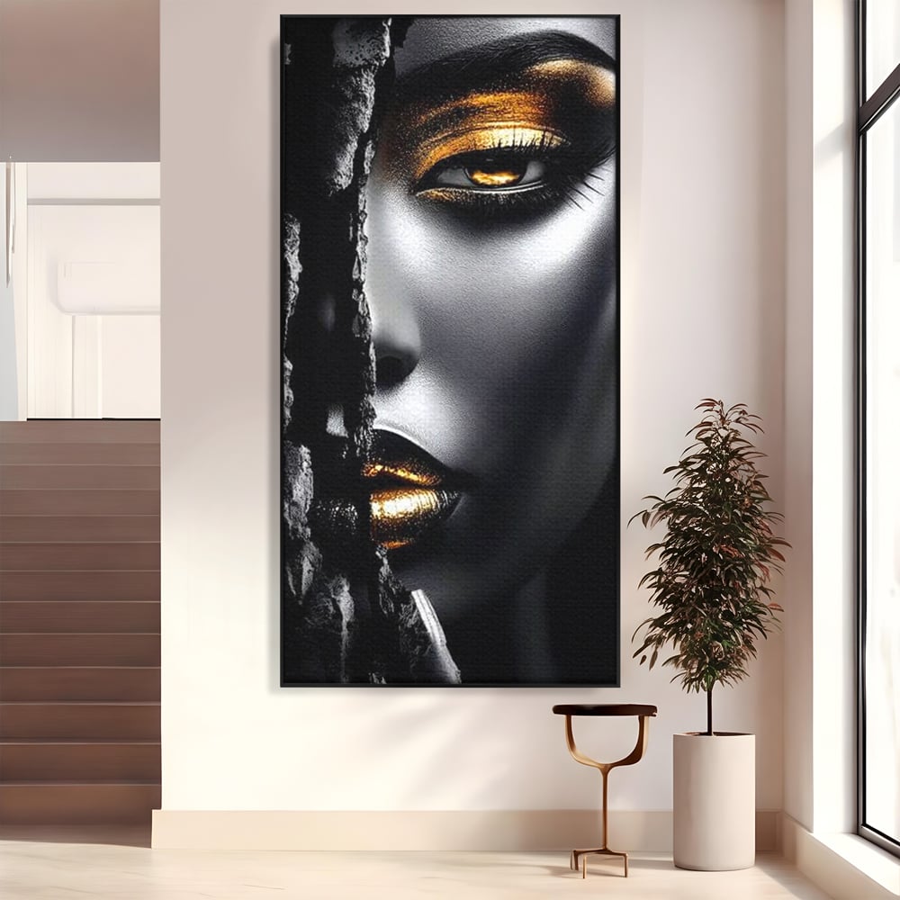 Tablou Canvas Premium, LuxCanva® G1172, Femeia din Abis, Aur, Umbra, Intunecat, Zeitate, Regina, Obscur, Alchimie, Suflet, Ochi, Masca, Tacere, Divinitate, Fashion, Arta, Birou, Living, Dormitor