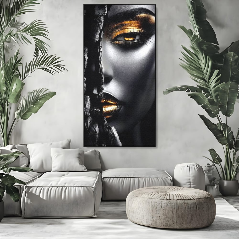 Tablou Canvas Premium, LuxCanva® G1172, Femeia din Abis, Aur, Umbra, Intunecat, Zeitate, Regina, Obscur, Alchimie, Suflet, Ochi, Masca, Tacere, Divinitate, Fashion, Arta, Birou, Living, Dormitor