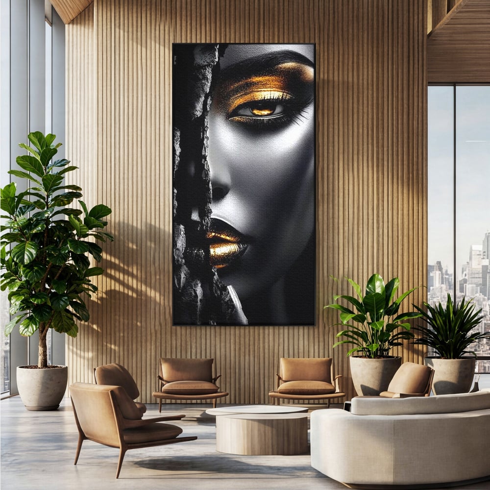 Tablou Canvas Premium, LuxCanva® G1172, Femeia din Abis, Aur, Umbra, Intunecat, Zeitate, Regina, Obscur, Alchimie, Suflet, Ochi, Masca, Tacere, Divinitate, Fashion, Arta, Birou, Living, Dormitor