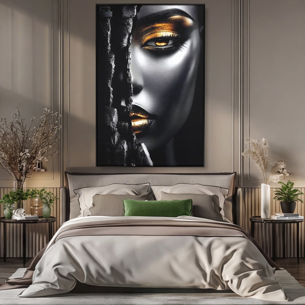 Tablou Canvas Premium, LuxCanva® G1172, Femeia din Abis, Aur, Umbra, Intunecat, Zeitate, Regina, Obscur, Alchimie, Suflet, Ochi, Masca, Tacere, Divinitate, Fashion, Arta, Birou, Living, Dormitor
