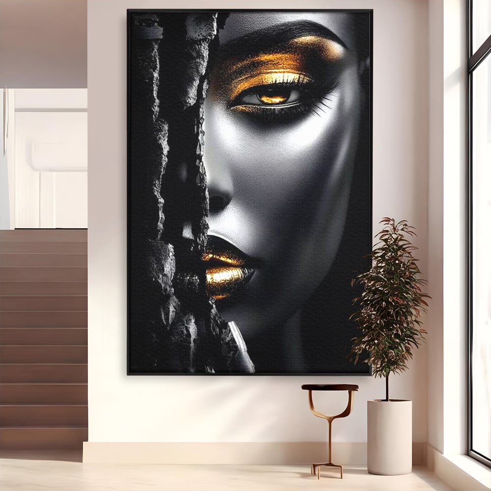 Tablou Canvas Premium, LuxCanva® G1172, Femeia din Abis, Aur, Umbra, Intunecat, Zeitate, Regina, Obscur, Alchimie, Suflet, Ochi, Masca, Tacere, Divinitate, Fashion, Arta, Birou, Living, Dormitor