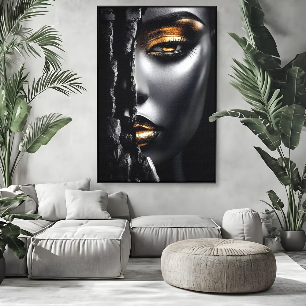Tablou Canvas Premium, LuxCanva® G1172, Femeia din Abis, Aur, Umbra, Intunecat, Zeitate, Regina, Obscur, Alchimie, Suflet, Ochi, Masca, Tacere, Divinitate, Fashion, Arta, Birou, Living, Dormitor