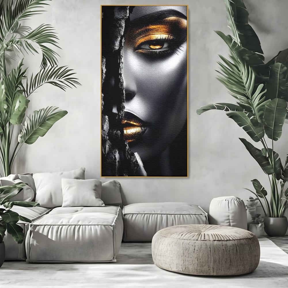 Tablou Canvas Premium, LuxCanva® G1172, Femeia din Abis, Aur, Umbra, Intunecat, Zeitate, Regina, Obscur, Alchimie, Suflet, Ochi, Masca, Tacere, Divinitate, Fashion, Arta, Birou, Living, Dormitor