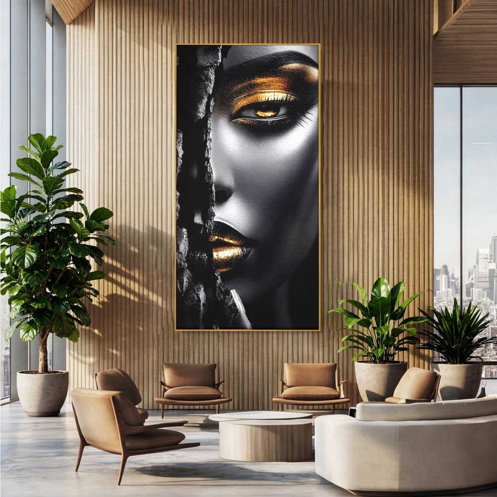 Tablou Canvas Premium, LuxCanva® G1172, Femeia din Abis, Aur, Umbra, Intunecat, Zeitate, Regina, Obscur, Alchimie, Suflet, Ochi, Masca, Tacere, Divinitate, Fashion, Arta, Birou, Living, Dormitor
