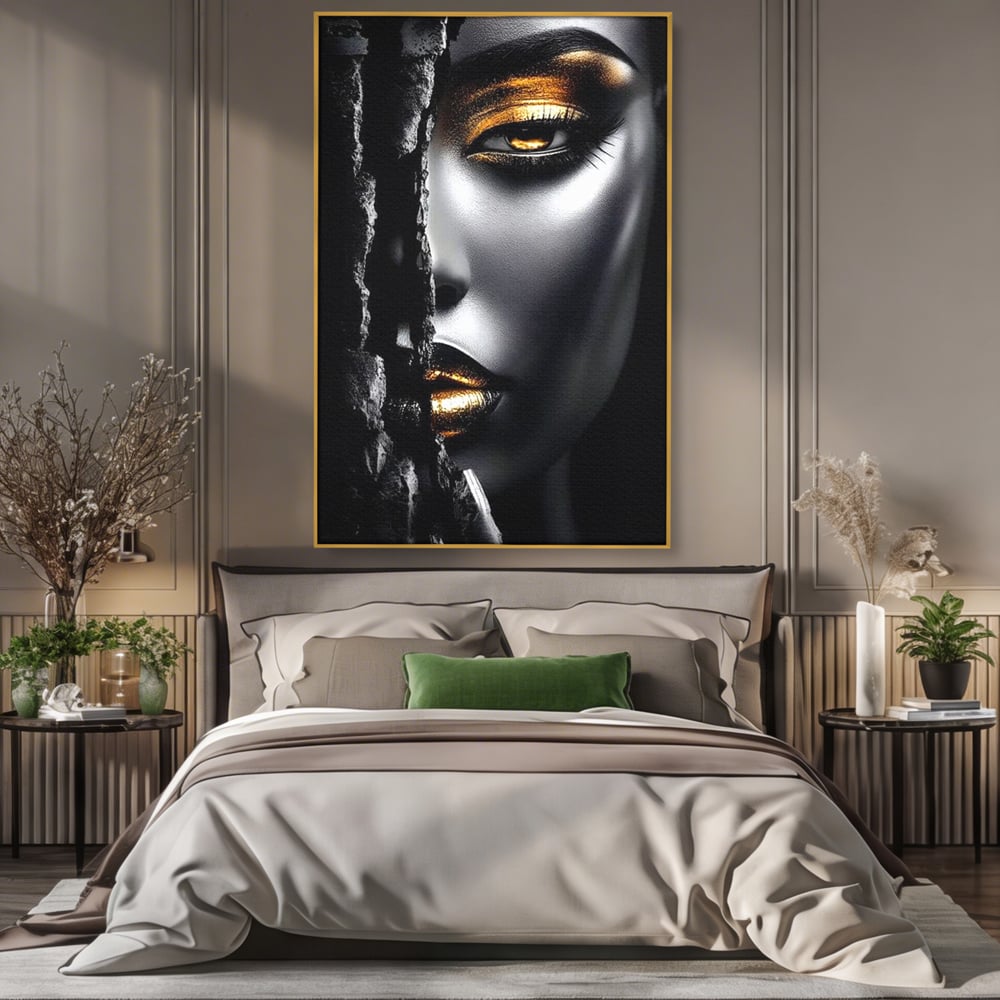 Tablou Canvas Premium, LuxCanva® G1172, Femeia din Abis, Aur, Umbra, Intunecat, Zeitate, Regina, Obscur, Alchimie, Suflet, Ochi, Masca, Tacere, Divinitate, Fashion, Arta, Birou, Living, Dormitor