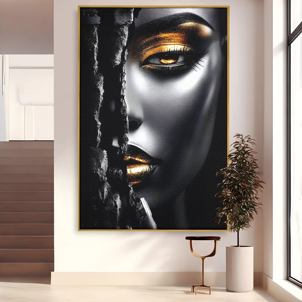 Tablou Canvas Premium, LuxCanva® G1172, Femeia din Abis, Aur, Umbra, Intunecat, Zeitate, Regina, Obscur, Alchimie, Suflet, Ochi, Masca, Tacere, Divinitate, Fashion, Arta, Birou, Living, Dormitor
