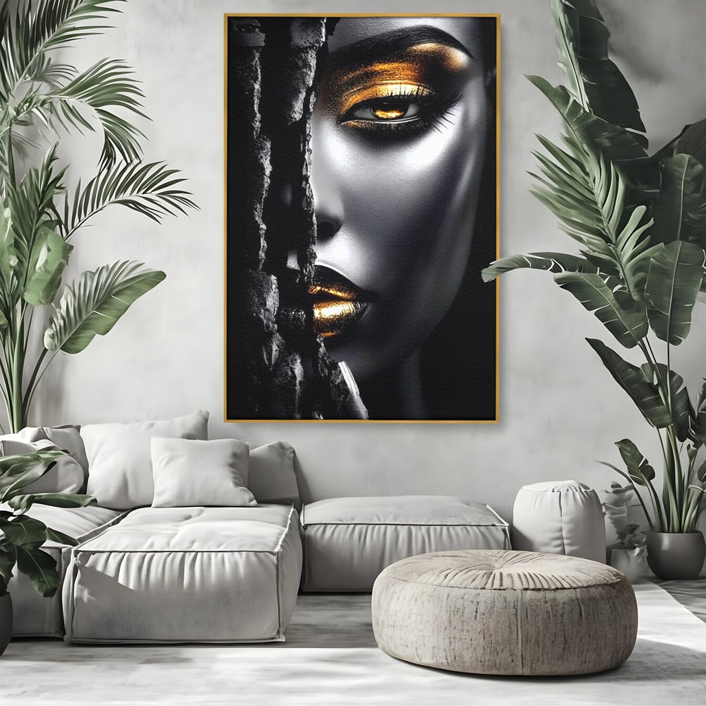Tablou Canvas Premium, LuxCanva® G1172, Femeia din Abis, Aur, Umbra, Intunecat, Zeitate, Regina, Obscur, Alchimie, Suflet, Ochi, Masca, Tacere, Divinitate, Fashion, Arta, Birou, Living, Dormitor