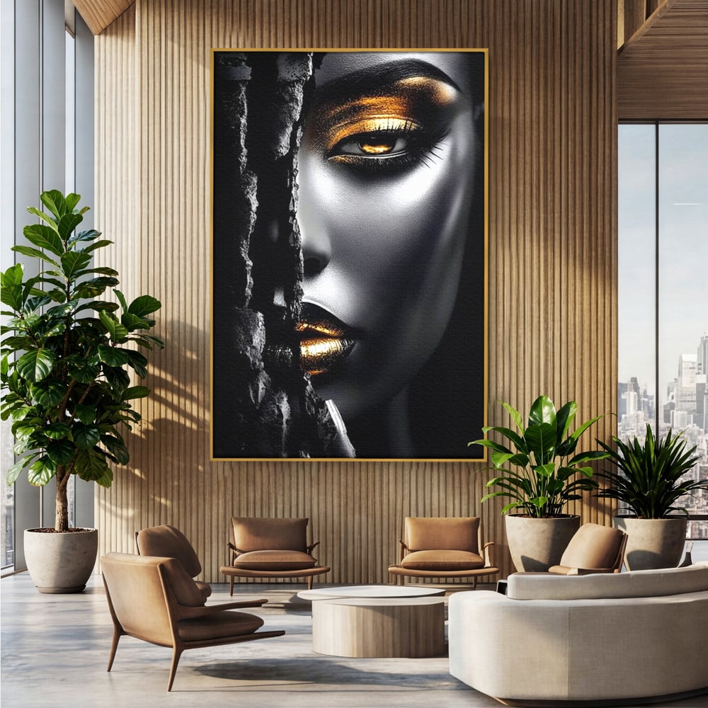 Tablou Canvas Premium, LuxCanva® G1172, Femeia din Abis, Aur, Umbra, Intunecat, Zeitate, Regina, Obscur, Alchimie, Suflet, Ochi, Masca, Tacere, Divinitate, Fashion, Arta, Birou, Living, Dormitor