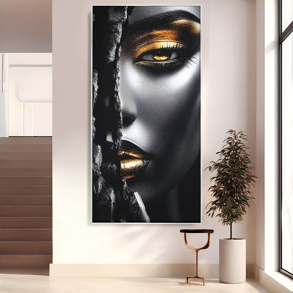 Tablou Canvas Premium, LuxCanva® G1172, Femeia din Abis, Aur, Umbra, Intunecat, Zeitate, Regina, Obscur, Alchimie, Suflet, Ochi, Masca, Tacere, Divinitate, Fashion, Arta, Birou, Living, Dormitor
