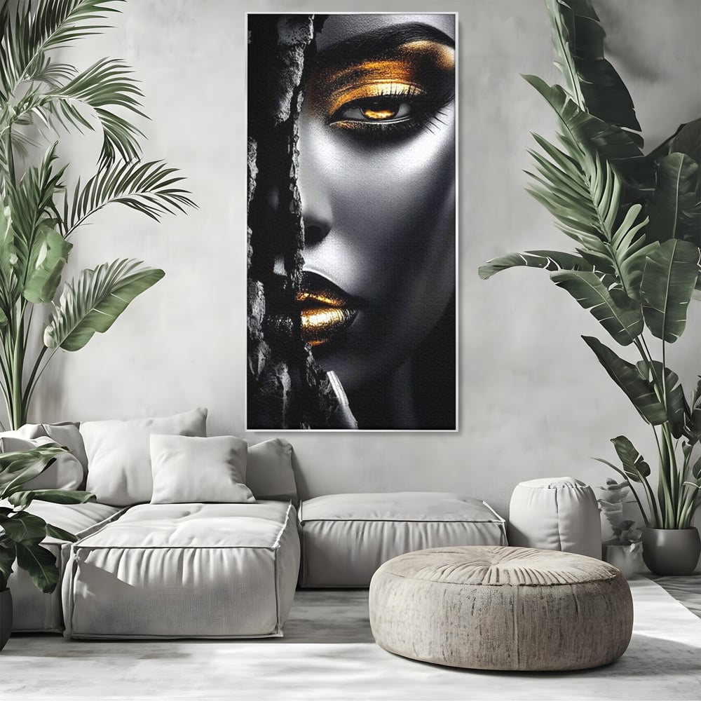 Tablou Canvas Premium, LuxCanva® G1172, Femeia din Abis, Aur, Umbra, Intunecat, Zeitate, Regina, Obscur, Alchimie, Suflet, Ochi, Masca, Tacere, Divinitate, Fashion, Arta, Birou, Living, Dormitor