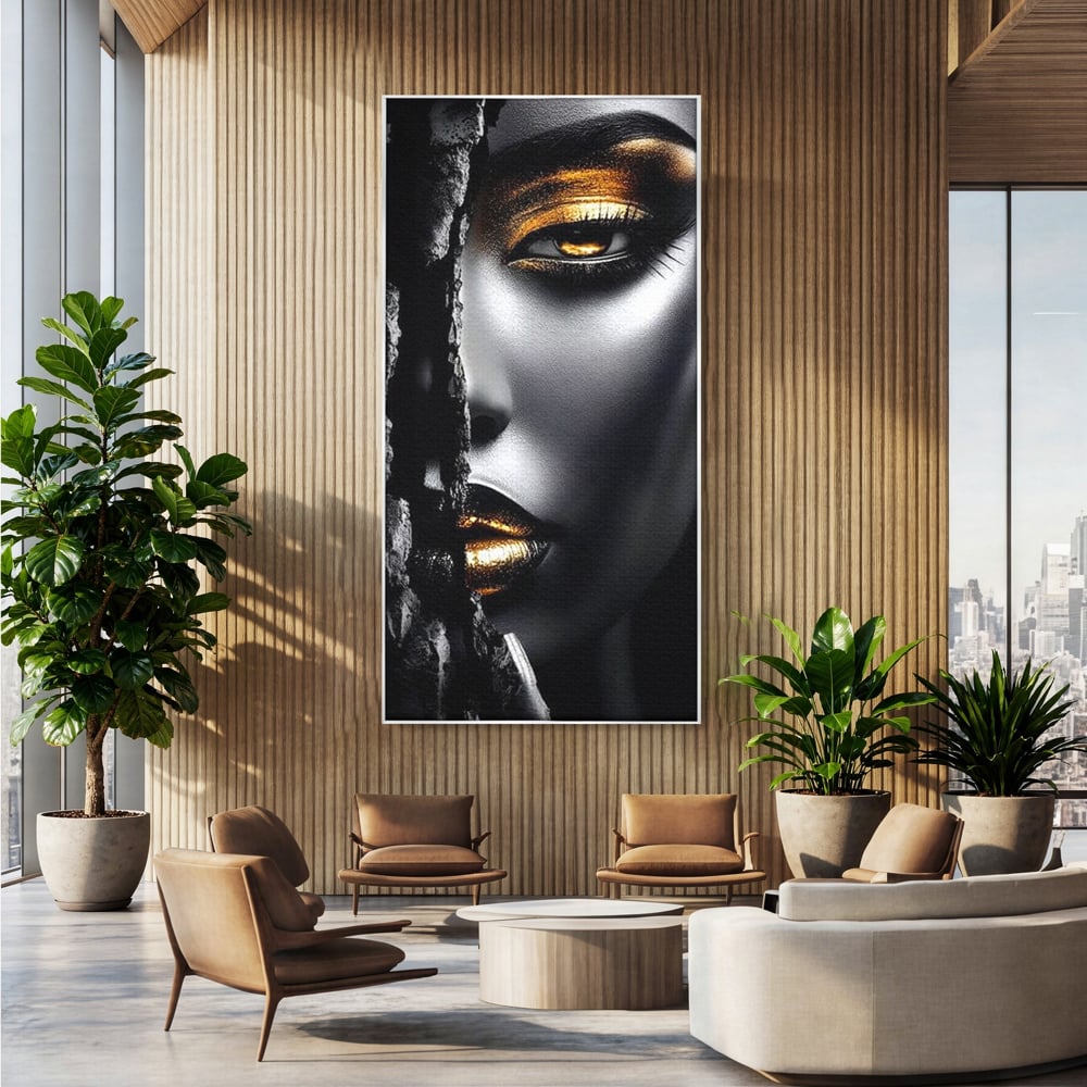 Tablou Canvas Premium, LuxCanva® G1172, Femeia din Abis, Aur, Umbra, Intunecat, Zeitate, Regina, Obscur, Alchimie, Suflet, Ochi, Masca, Tacere, Divinitate, Fashion, Arta, Birou, Living, Dormitor