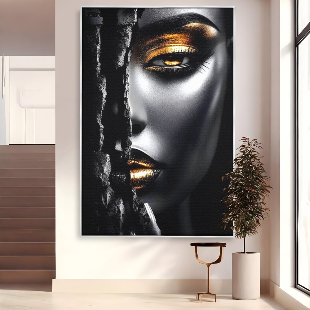 Tablou Canvas Premium, LuxCanva® G1172, Femeia din Abis, Aur, Umbra, Intunecat, Zeitate, Regina, Obscur, Alchimie, Suflet, Ochi, Masca, Tacere, Divinitate, Fashion, Arta, Birou, Living, Dormitor