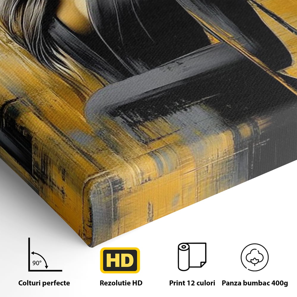 Tablou Canvas Premium, LuxCanva® G1173, Trecatoare prin Lumina, Oras, Necunoscuta, Boruri, Palarie, Silueta, Feminina, Auriu, Conceptual, Estetica, Cinematografic, Birou, Living, Dormitor