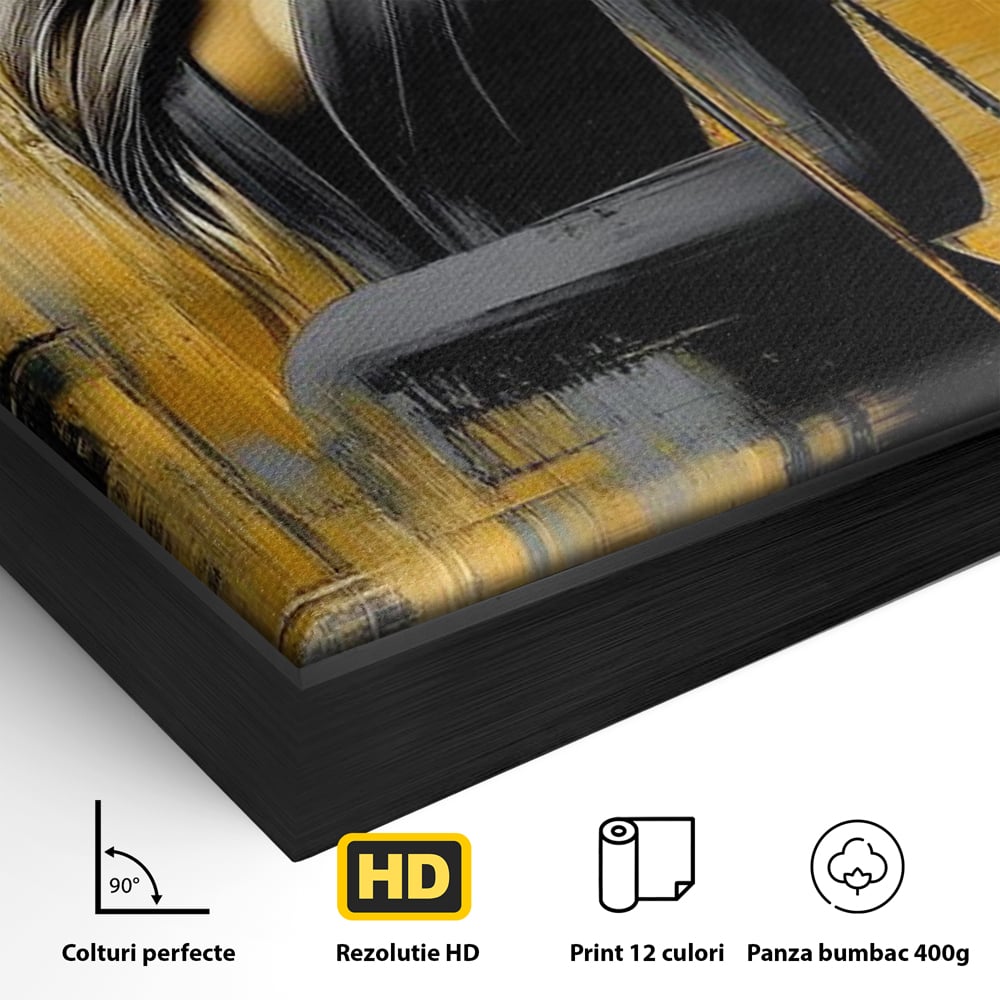 Tablou Canvas Premium, LuxCanva® G1173, Trecatoare prin Lumina, Oras, Necunoscuta, Boruri, Palarie, Silueta, Feminina, Auriu, Conceptual, Estetica, Cinematografic, Birou, Living, Dormitor