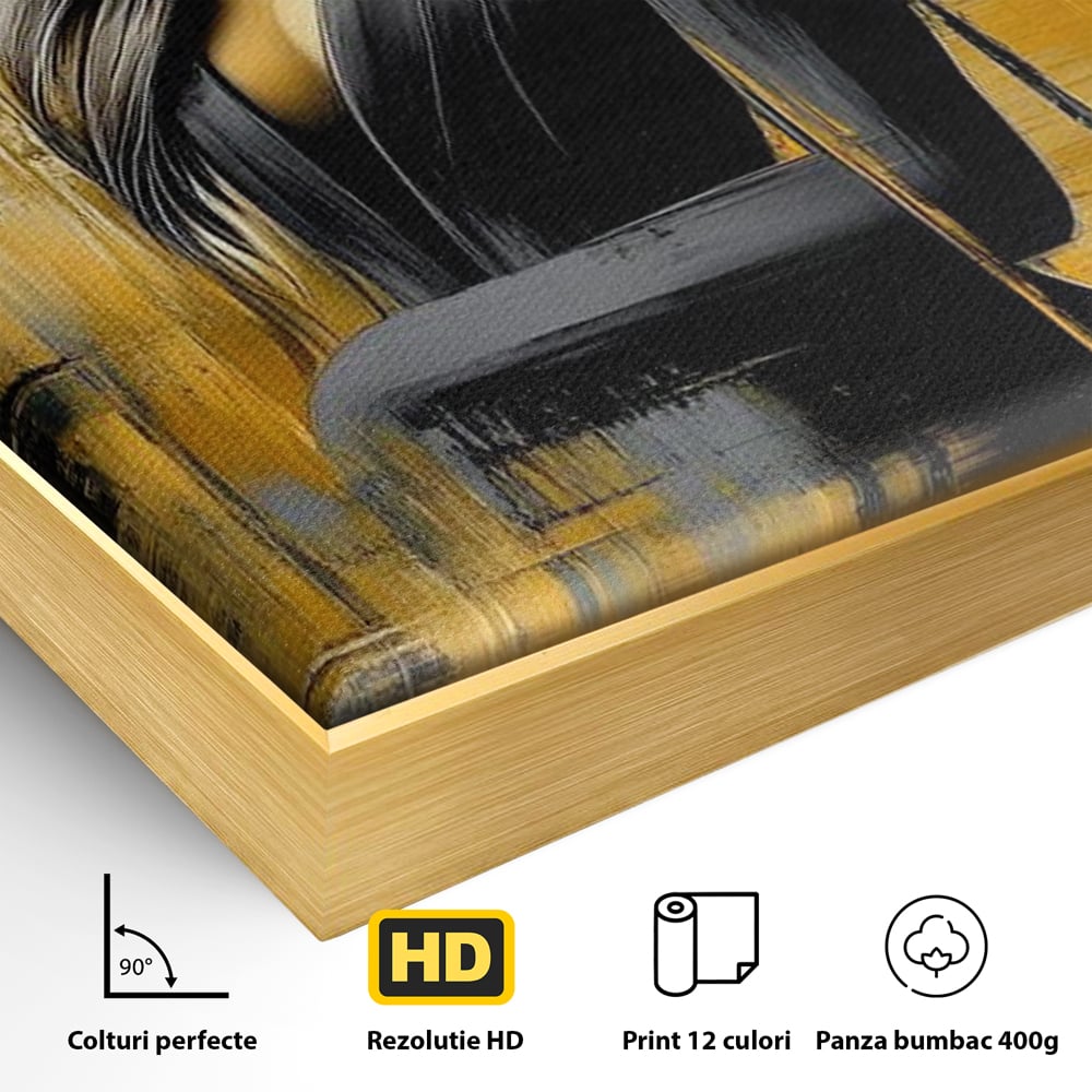 Tablou Canvas Premium, LuxCanva® G1173, Trecatoare prin Lumina, Oras, Necunoscuta, Boruri, Palarie, Silueta, Feminina, Auriu, Conceptual, Estetica, Cinematografic, Birou, Living, Dormitor