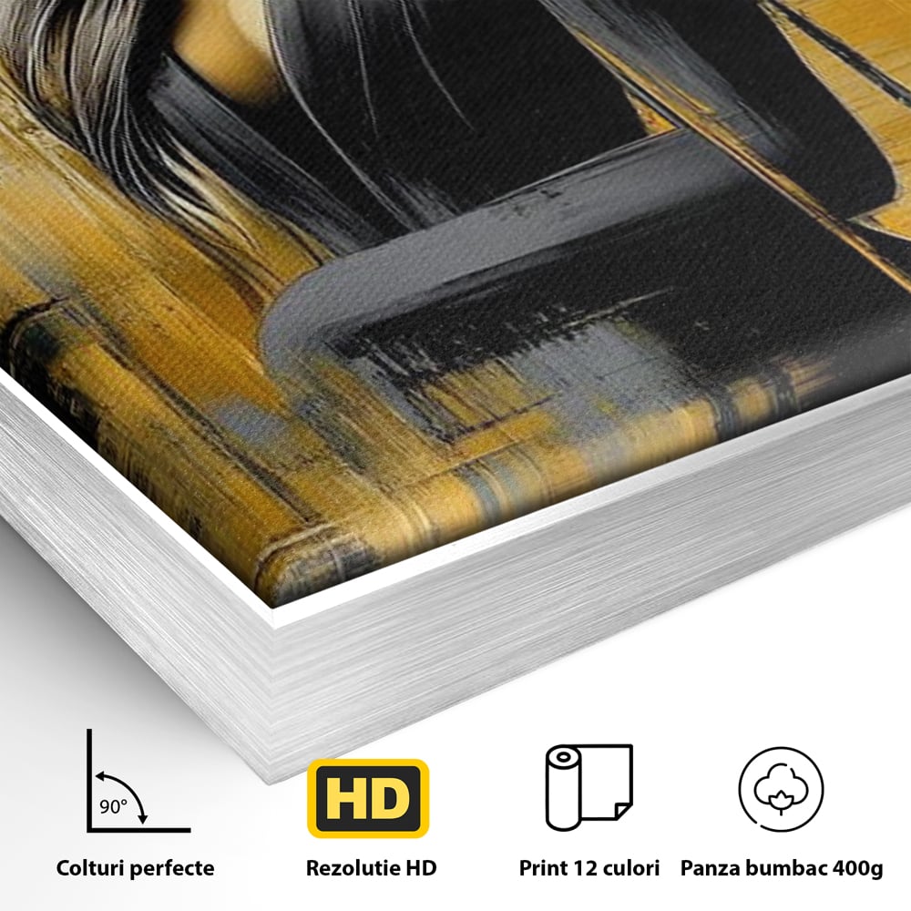 Tablou Canvas Premium, LuxCanva® G1173, Trecatoare prin Lumina, Oras, Necunoscuta, Boruri, Palarie, Silueta, Feminina, Auriu, Conceptual, Estetica, Cinematografic, Birou, Living, Dormitor