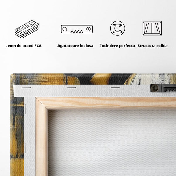Tablou Canvas Premium, LuxCanva® G1173, Trecatoare prin Lumina, Oras, Necunoscuta, Boruri, Palarie, Silueta, Feminina, Auriu, Conceptual, Estetica, Cinematografic, Birou, Living, Dormitor