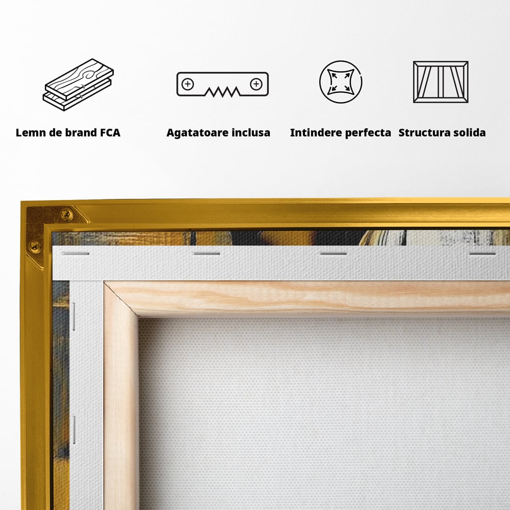 Tablou Canvas Premium, LuxCanva® G1173, Trecatoare prin Lumina, Oras, Necunoscuta, Boruri, Palarie, Silueta, Feminina, Auriu, Conceptual, Estetica, Cinematografic, Birou, Living, Dormitor