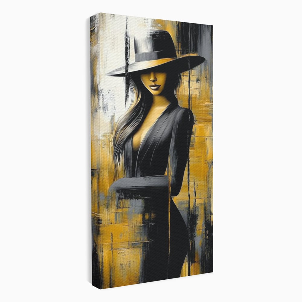 Tablou Canvas Premium, LuxCanva® G1173, Trecatoare prin Lumina, Oras, Necunoscuta, Boruri, Palarie, Silueta, Feminina, Auriu, Conceptual, Estetica, Cinematografic, Birou, Living, Dormitor