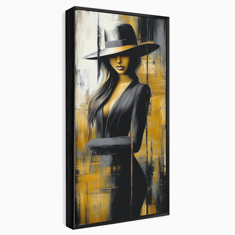 Tablou Canvas Premium, LuxCanva® G1173, Trecatoare prin Lumina, Oras, Necunoscuta, Boruri, Palarie, Silueta, Feminina, Auriu, Conceptual, Estetica, Cinematografic, Birou, Living, Dormitor