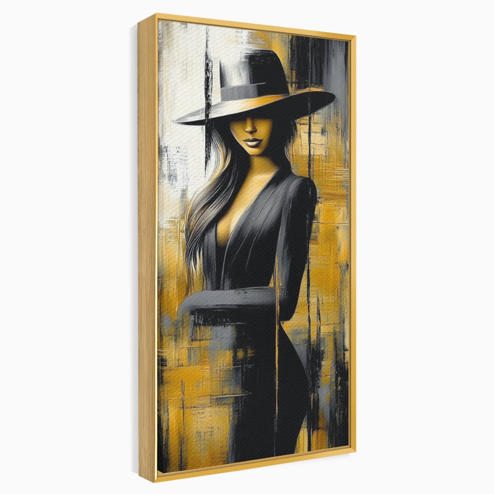 Tablou Canvas Premium, LuxCanva® G1173, Trecatoare prin Lumina, Oras, Necunoscuta, Boruri, Palarie, Silueta, Feminina, Auriu, Conceptual, Estetica, Cinematografic, Birou, Living, Dormitor