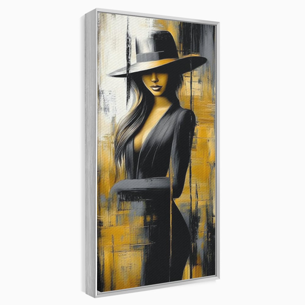 Tablou Canvas Premium, LuxCanva® G1173, Trecatoare prin Lumina, Oras, Necunoscuta, Boruri, Palarie, Silueta, Feminina, Auriu, Conceptual, Estetica, Cinematografic, Birou, Living, Dormitor