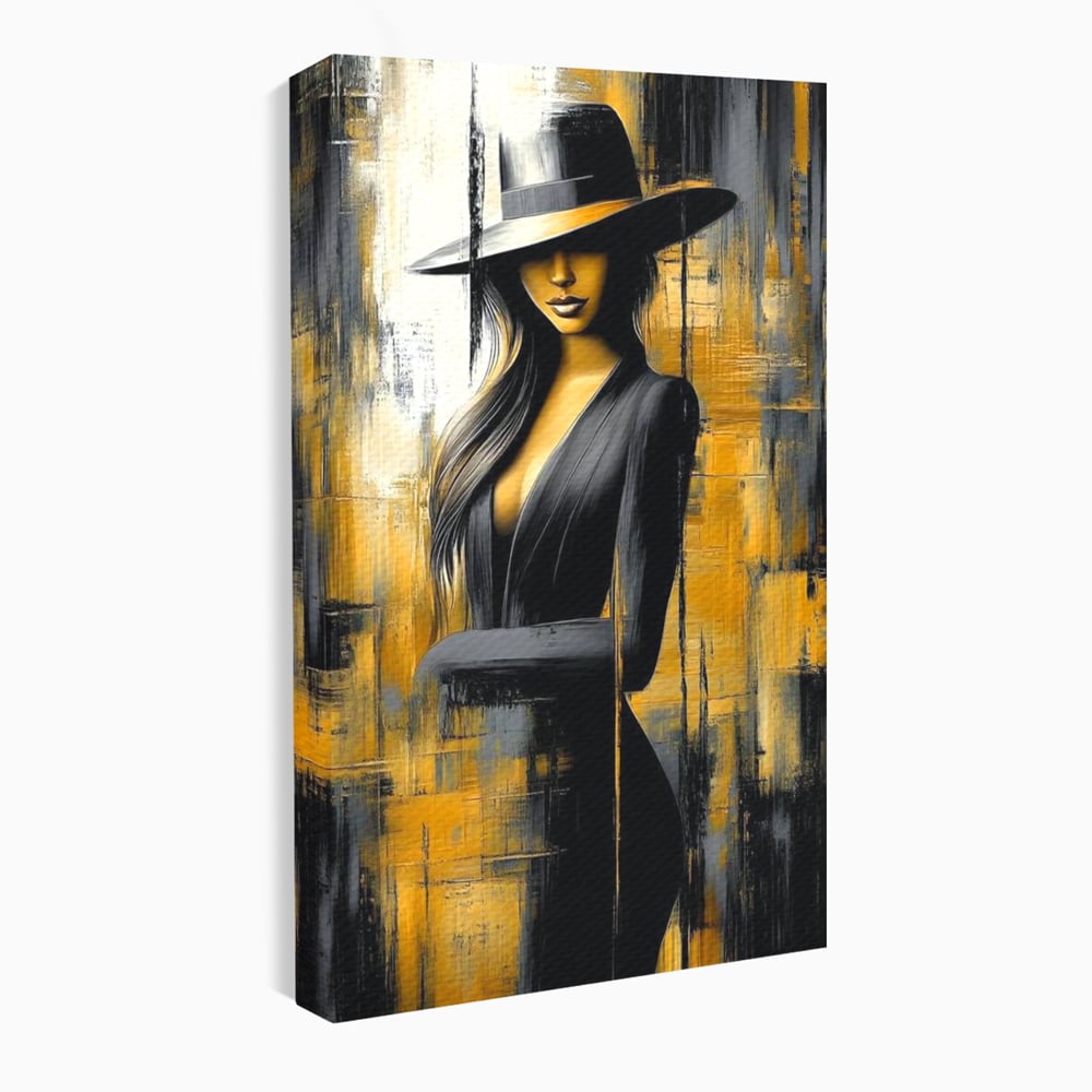 Tablou Canvas Premium, LuxCanva® G1173, Trecatoare prin Lumina, Oras, Necunoscuta, Boruri, Palarie, Silueta, Feminina, Auriu, Conceptual, Estetica, Cinematografic, Birou, Living, Dormitor