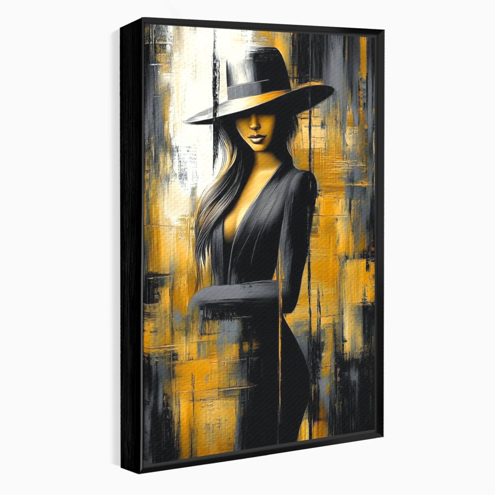 Tablou Canvas Premium, LuxCanva® G1173, Trecatoare prin Lumina, Oras, Necunoscuta, Boruri, Palarie, Silueta, Feminina, Auriu, Conceptual, Estetica, Cinematografic, Birou, Living, Dormitor