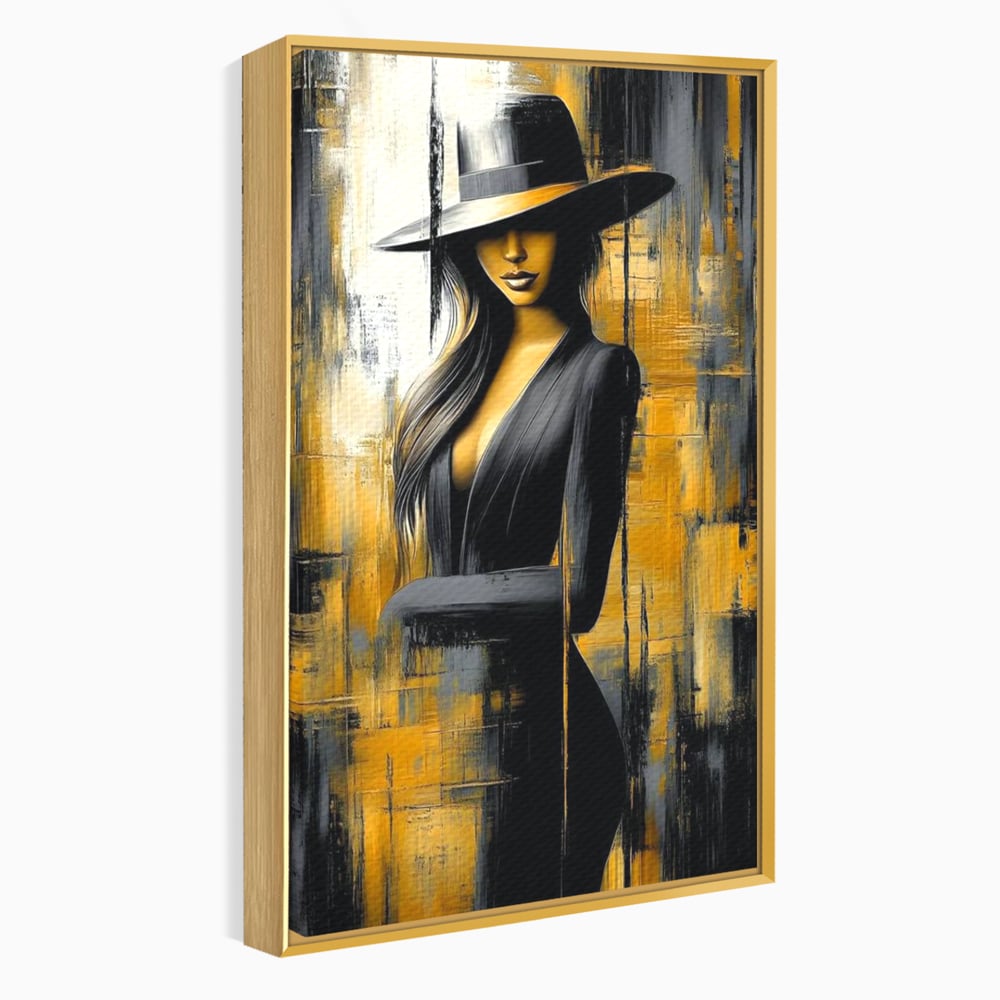 Tablou Canvas Premium, LuxCanva® G1173, Trecatoare prin Lumina, Oras, Necunoscuta, Boruri, Palarie, Silueta, Feminina, Auriu, Conceptual, Estetica, Cinematografic, Birou, Living, Dormitor