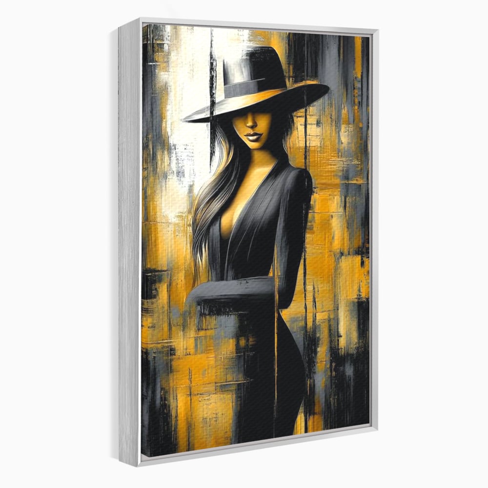 Tablou Canvas Premium, LuxCanva® G1173, Trecatoare prin Lumina, Oras, Necunoscuta, Boruri, Palarie, Silueta, Feminina, Auriu, Conceptual, Estetica, Cinematografic, Birou, Living, Dormitor