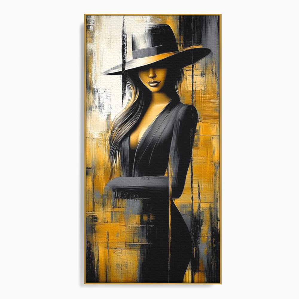 Tablou Canvas Premium, LuxCanva® G1173, Trecatoare prin Lumina, Oras, Necunoscuta, Boruri, Palarie, Silueta, Feminina, Auriu, Conceptual, Estetica, Cinematografic, Birou, Living, Dormitor