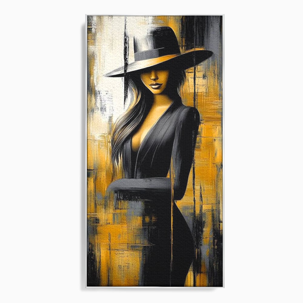 Tablou Canvas Premium, LuxCanva® G1173, Trecatoare prin Lumina, Oras, Necunoscuta, Boruri, Palarie, Silueta, Feminina, Auriu, Conceptual, Estetica, Cinematografic, Birou, Living, Dormitor