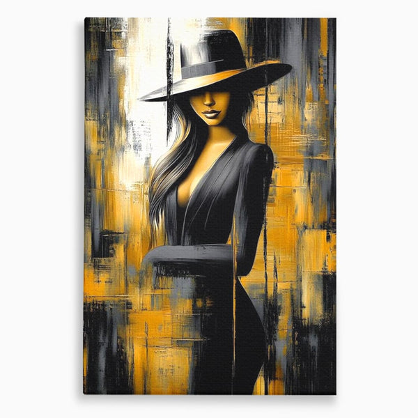 Tablou Canvas Premium, LuxCanva® G1173, Trecatoare prin Lumina, Oras, Necunoscuta, Boruri, Palarie, Silueta, Feminina, Auriu, Conceptual, Estetica, Cinematografic, Birou, Living, Dormitor