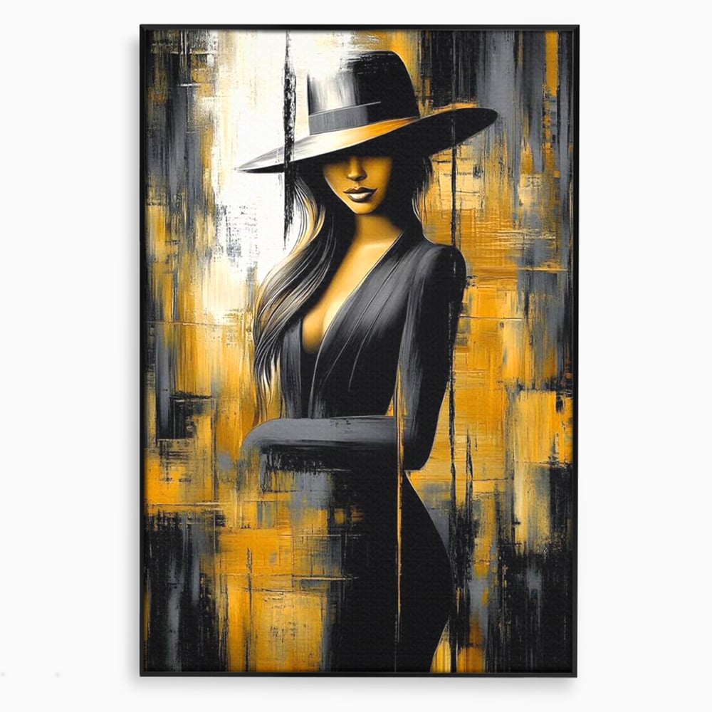 Tablou Canvas Premium, LuxCanva® G1173, Trecatoare prin Lumina, Oras, Necunoscuta, Boruri, Palarie, Silueta, Feminina, Auriu, Conceptual, Estetica, Cinematografic, Birou, Living, Dormitor