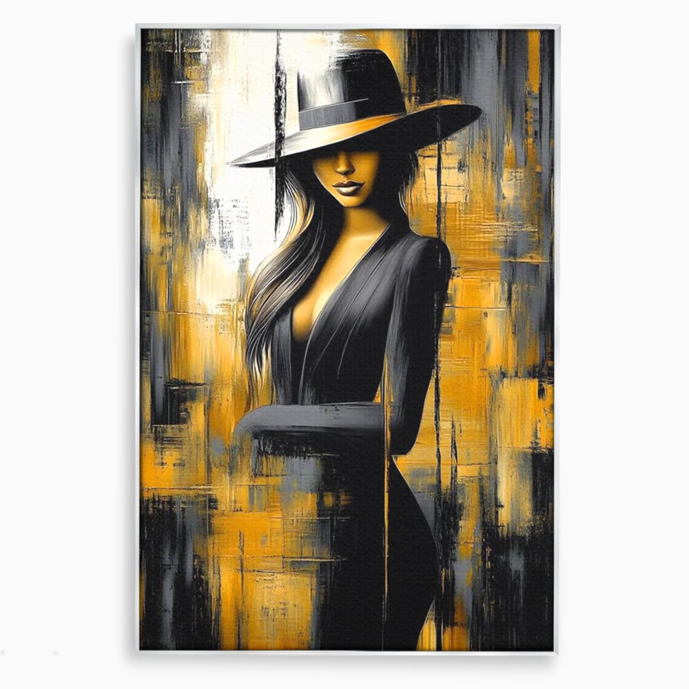 Tablou Canvas Premium, LuxCanva® G1173, Trecatoare prin Lumina, Oras, Necunoscuta, Boruri, Palarie, Silueta, Feminina, Auriu, Conceptual, Estetica, Cinematografic, Birou, Living, Dormitor