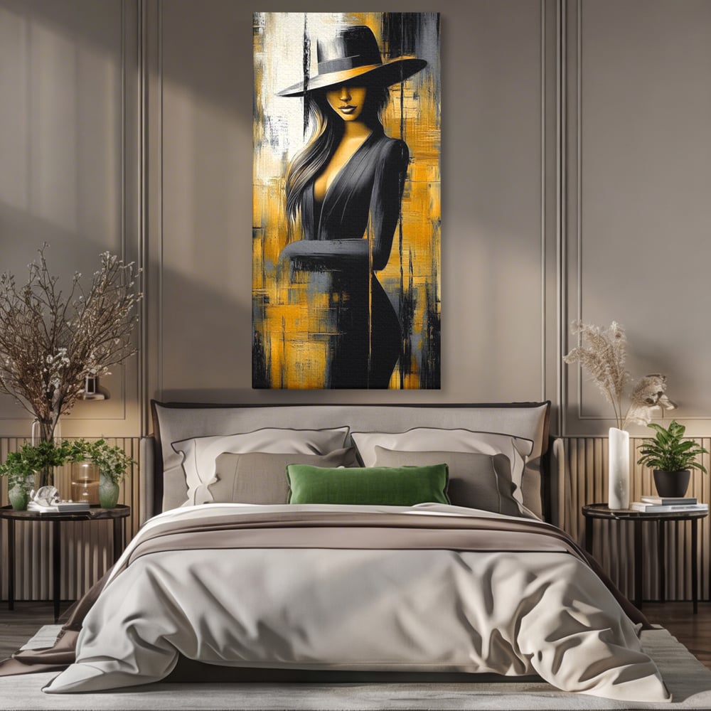 Tablou Canvas Premium, LuxCanva® G1173, Trecatoare prin Lumina, Oras, Necunoscuta, Boruri, Palarie, Silueta, Feminina, Auriu, Conceptual, Estetica, Cinematografic, Birou, Living, Dormitor