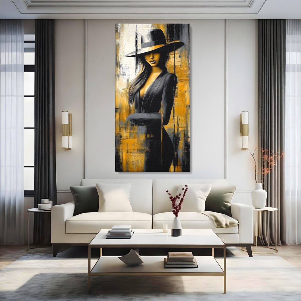 Tablou Canvas Premium, LuxCanva® G1173, Trecatoare prin Lumina, Oras, Necunoscuta, Boruri, Palarie, Silueta, Feminina, Auriu, Conceptual, Estetica, Cinematografic, Birou, Living, Dormitor