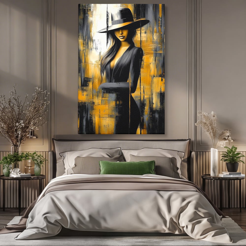 Tablou Canvas Premium, LuxCanva® G1173, Trecatoare prin Lumina, Oras, Necunoscuta, Boruri, Palarie, Silueta, Feminina, Auriu, Conceptual, Estetica, Cinematografic, Birou, Living, Dormitor
