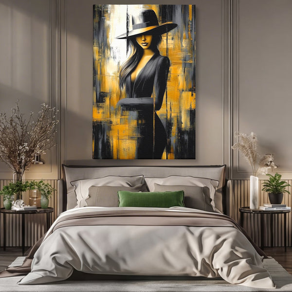 Tablou Canvas Premium, LuxCanva® G1173, Trecatoare prin Lumina, Oras, Necunoscuta, Boruri, Palarie, Silueta, Feminina, Auriu, Conceptual, Estetica, Cinematografic, Birou, Living, Dormitor