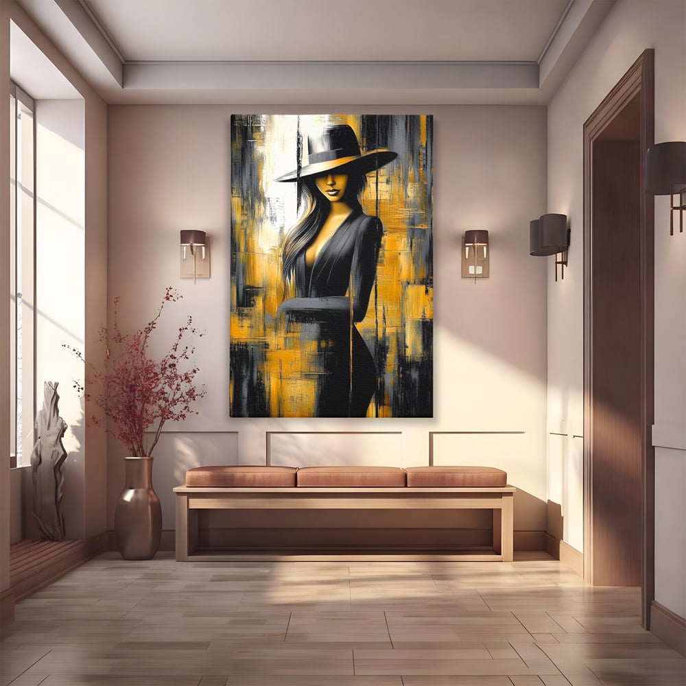 Tablou Canvas Premium, LuxCanva® G1173, Trecatoare prin Lumina, Oras, Necunoscuta, Boruri, Palarie, Silueta, Feminina, Auriu, Conceptual, Estetica, Cinematografic, Birou, Living, Dormitor