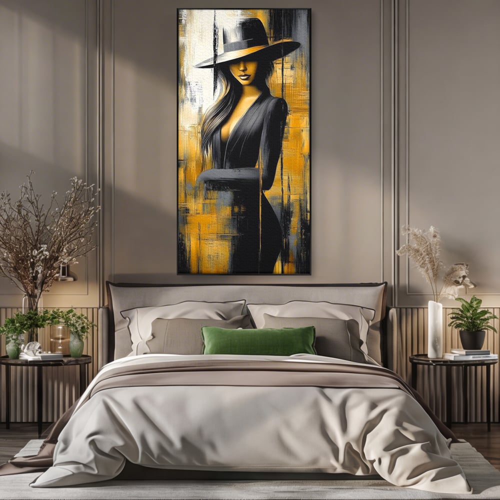 Tablou Canvas Premium, LuxCanva® G1173, Trecatoare prin Lumina, Oras, Necunoscuta, Boruri, Palarie, Silueta, Feminina, Auriu, Conceptual, Estetica, Cinematografic, Birou, Living, Dormitor