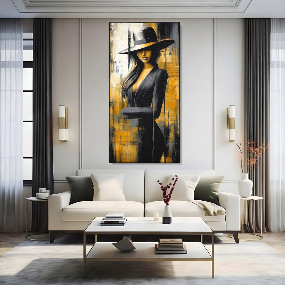 Tablou Canvas Premium, LuxCanva® G1173, Trecatoare prin Lumina, Oras, Necunoscuta, Boruri, Palarie, Silueta, Feminina, Auriu, Conceptual, Estetica, Cinematografic, Birou, Living, Dormitor